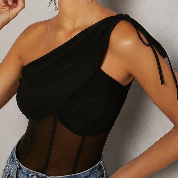 One Shoulder Drawstring Ruched Mesh Bodysuit - Picture 3 of 5